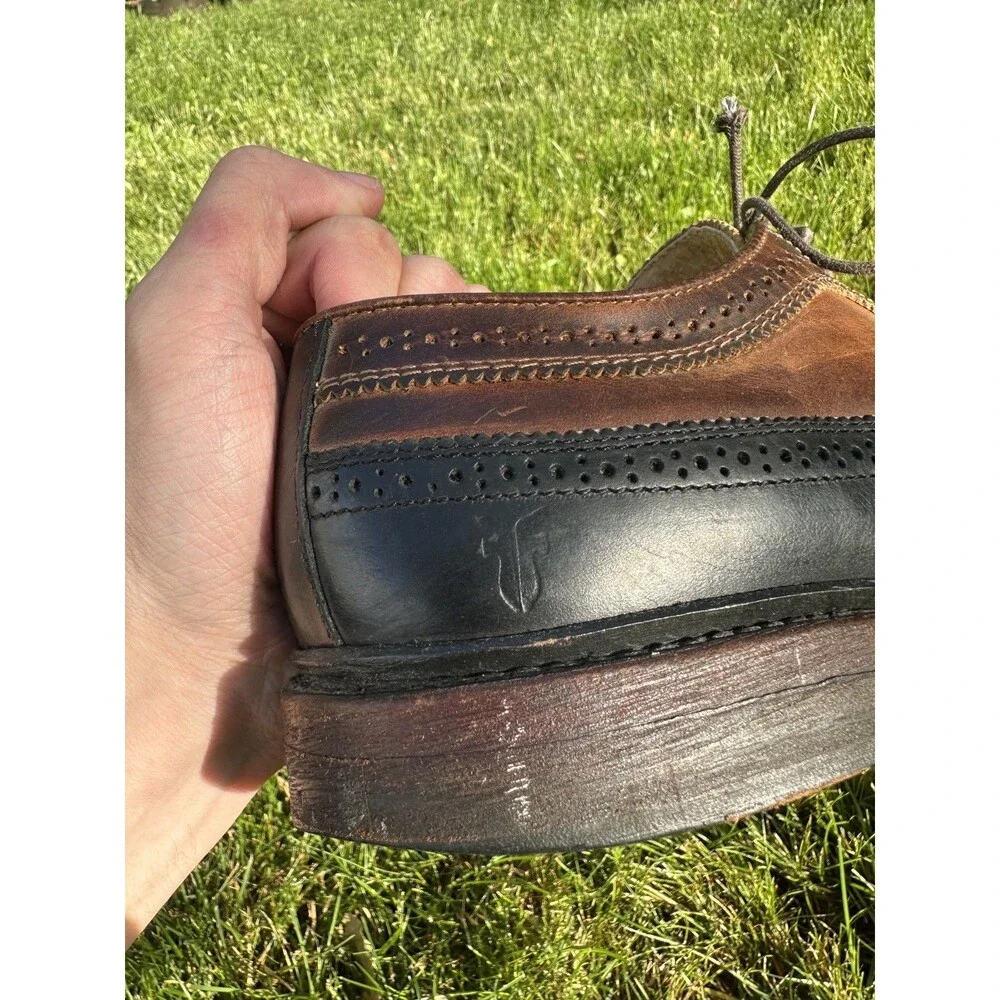 Frye Wingtip Leather Shoes Brown Black Two Tone Mens Size 10D John A Frye